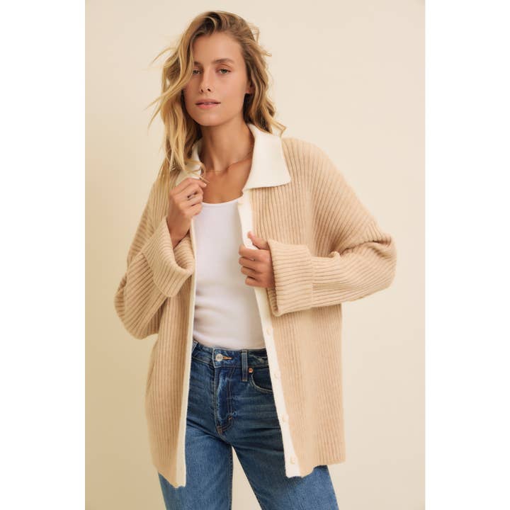 BEIGE TWO TONE RIB SWEATER CARDIGAN WITH CONTRAST COLLAR for wholesale on Faire
