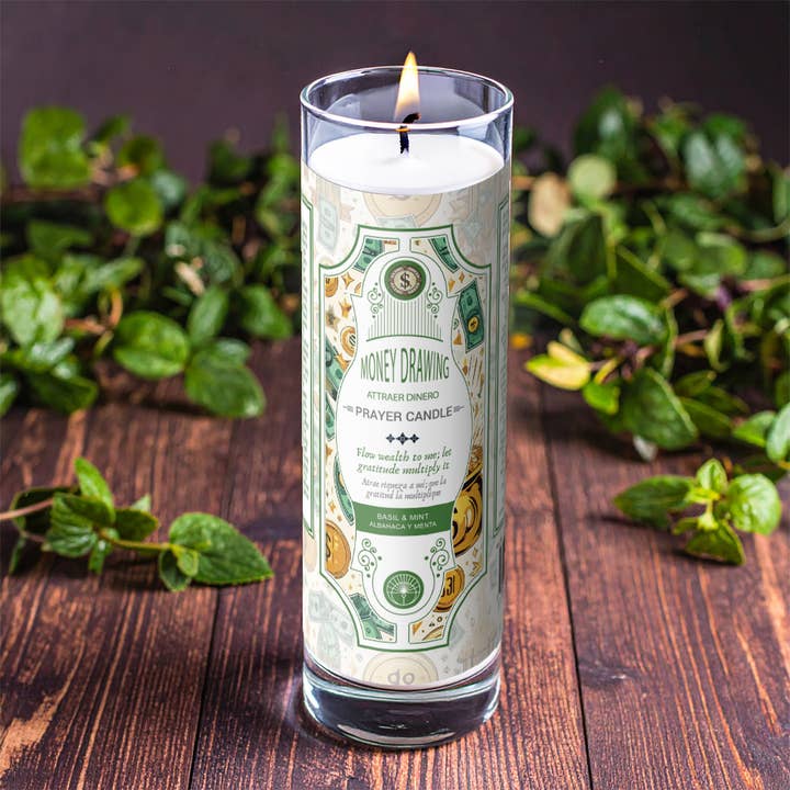 Money Drawing Prayer Candle 8" (9.5 oz) for wholesale by Designs by Deekay Inc.