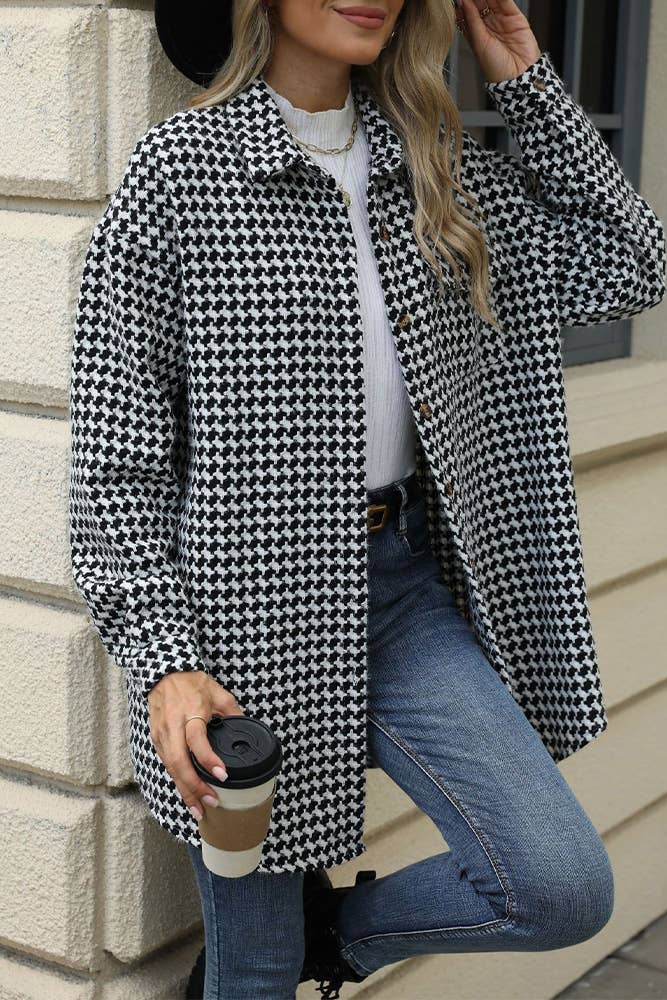 UNISHE – wholesale Coat – Women’s – Plaid Front Open Houndstooth Long Coat WZD0748