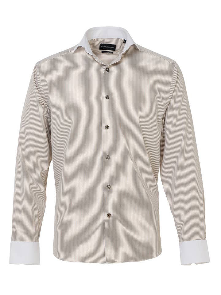 Taupe & vit randig markis skjorta med knappar för wholesale av Luchiano Visconti