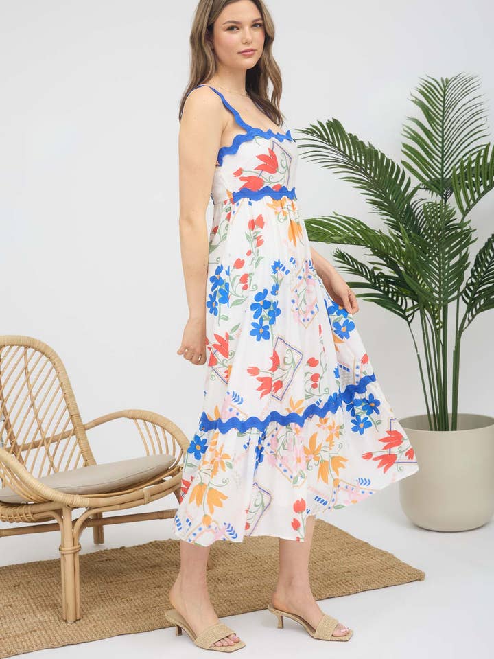 Blu Pepper - Wholesale Dress - Women's - FLORAL PATTERN WAVY DETAIL SLEEVELESS MIDI DRESS