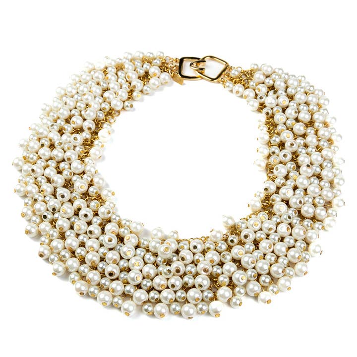 Gold and Pearl Cluster Bib Necklace for wholesale on Faire