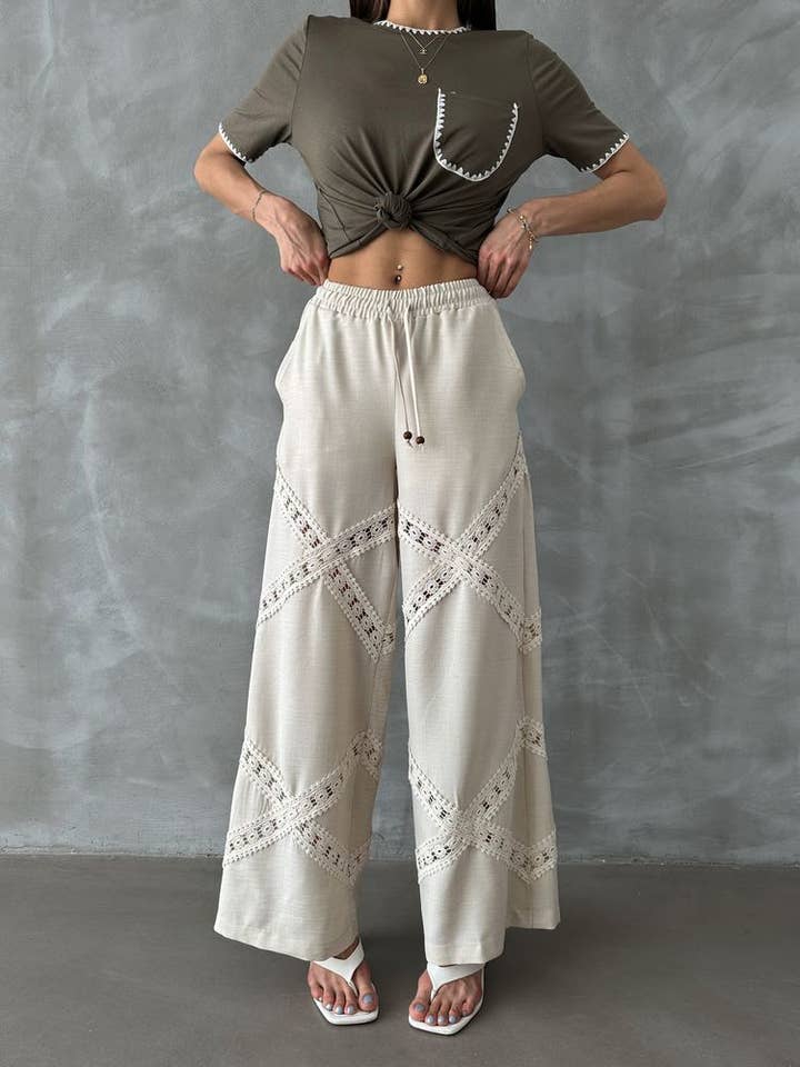 Design company-Fatma Balkir - Wholesale Pants - Women's - Linen Pants with Lace Detail for Women- Relaxed Fit Boho