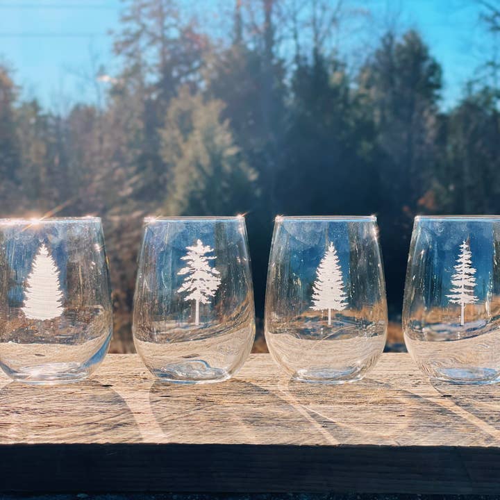 Conifer Etched Stemless Wine Glass | Woodland Decor for wholesale by Reclaimed Maine Co.