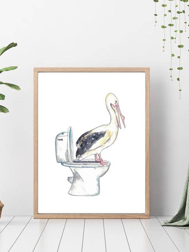 Aquarell-Gemälde „Pelikan im Badezimmer“ für den Großhandel von Goodfairyart