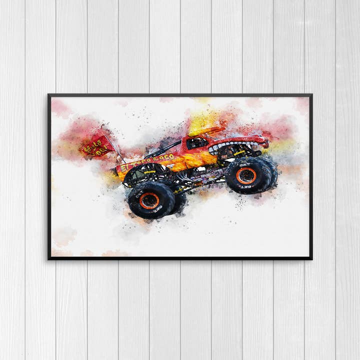 House of Binky – wholesale Art print – Watercolour Red Monster Truck Paint Splash Print