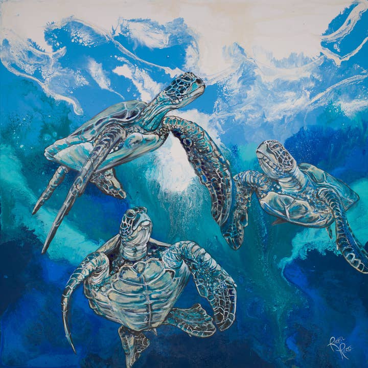Out of the Blue Sea Turtles Matted Art Print for wholesale by Rachel Pierce Art Gallery