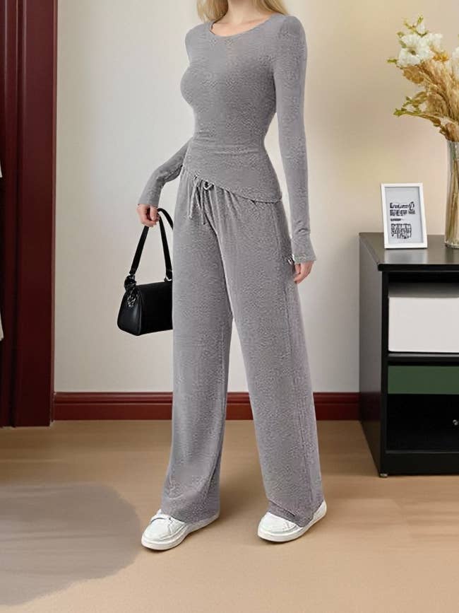 CWSTB00484_FALL WOMEN 2 PIECE LOUNGE SET ASYMMETRICAL TOP for wholesale by NINEXIS