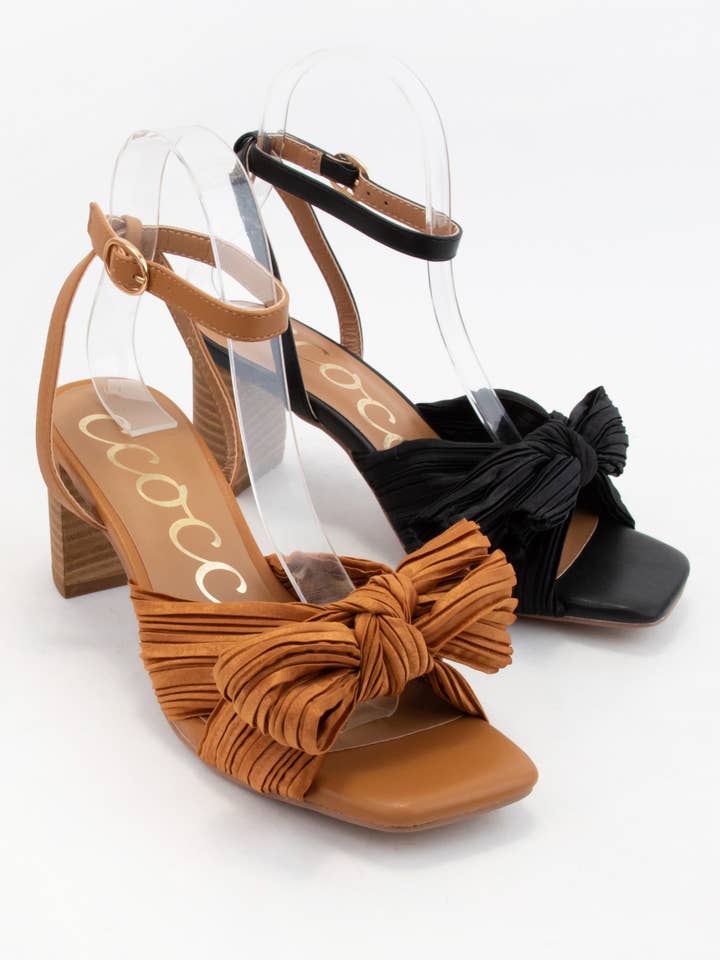 TAN CARA PLEATED BOW DECOR ANKLE STRAP SANDAL for wholesale on Faire
