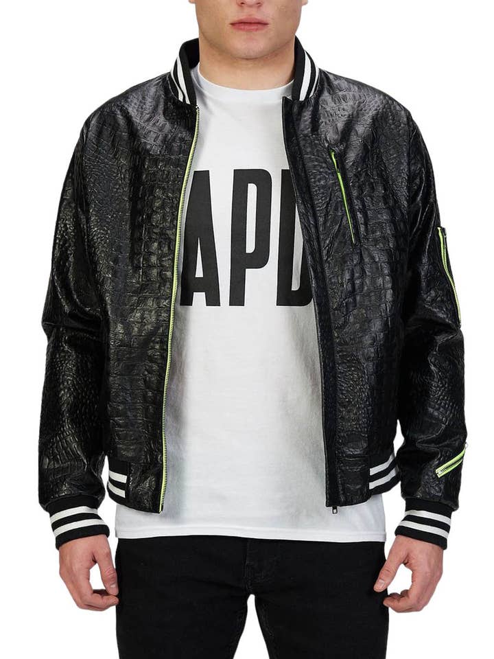 Chaqueta bomber de piel negra para venta al por mayor de Amy Page DeBlasio