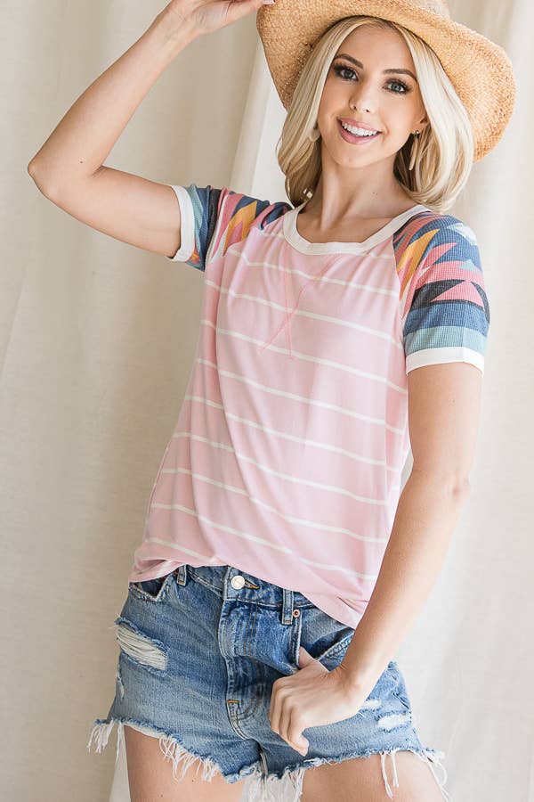 7th Ray – Engroshandel T-shirt – til kvinder – Casual Stribet Aztec Raglan Kortærmet T-shirt T41226