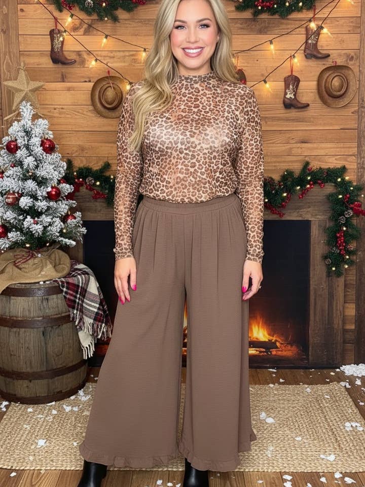 Solid color tan ruffles wide leg women pant XCH16769 for wholesale by luluclothes