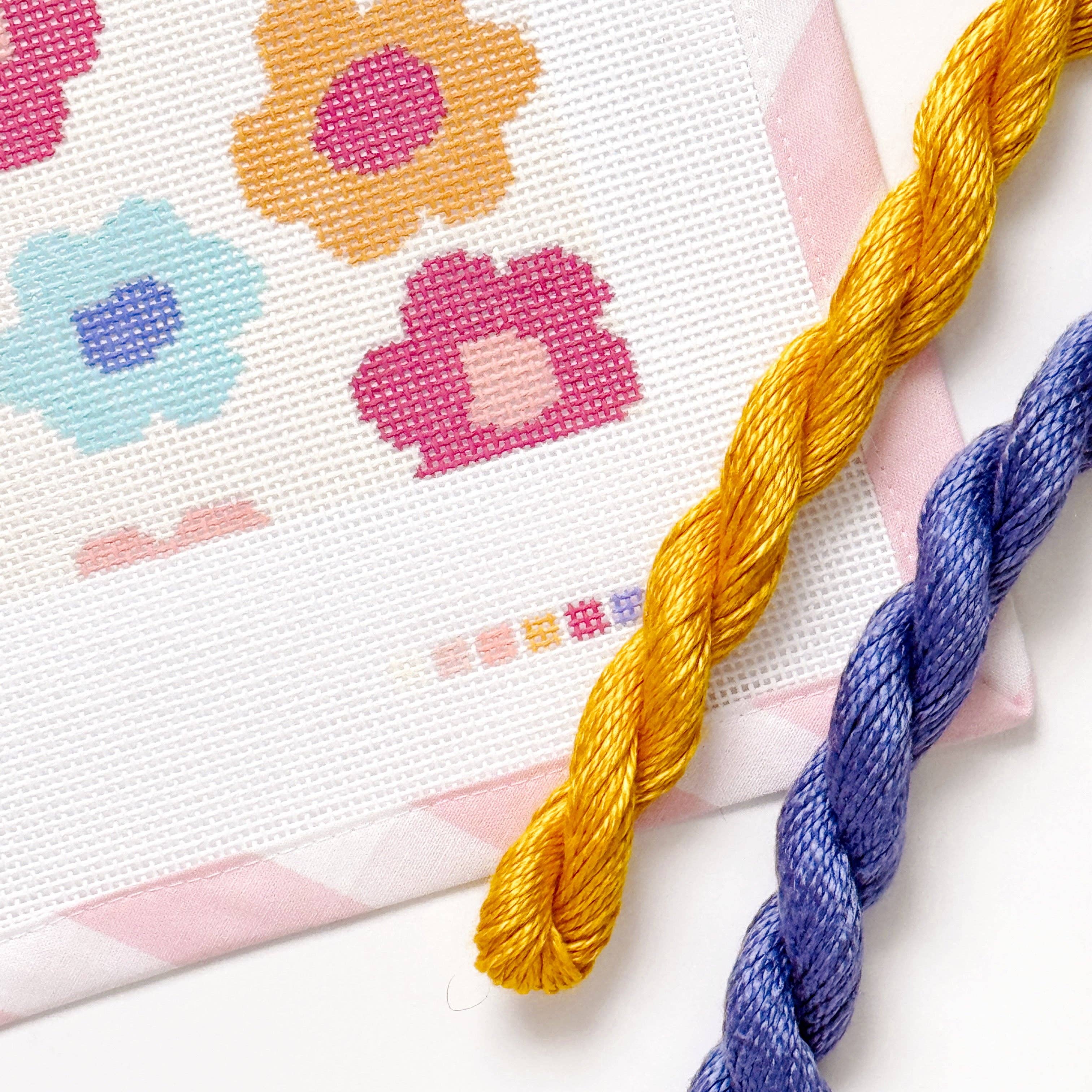 Cotswold Co Designs - Wholesale Embroidery/Cross Stitch Supplies - Retro Flower Pillow Needlepoint Canvas | Hand-Painted 13 Mesh | 8.5” x 8.5” Design on 12” x 12” Canvas | Ready to Ship9