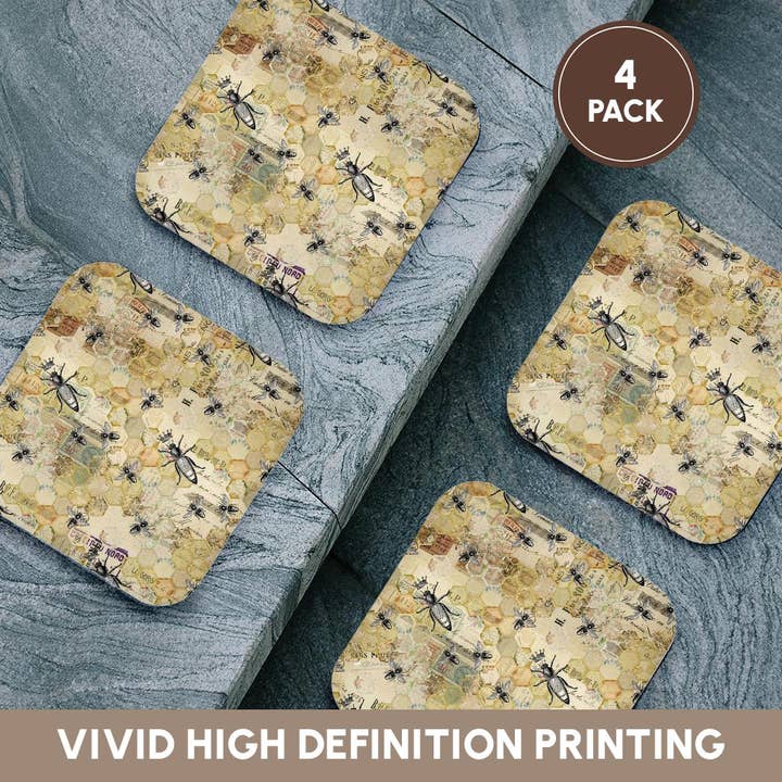 3dRose – Engroshandel Bordskånere – 3dRose, Sort, Grøn, Gul Honningkage, Bier, Kroner og Skrift Collage, Bordskåner12