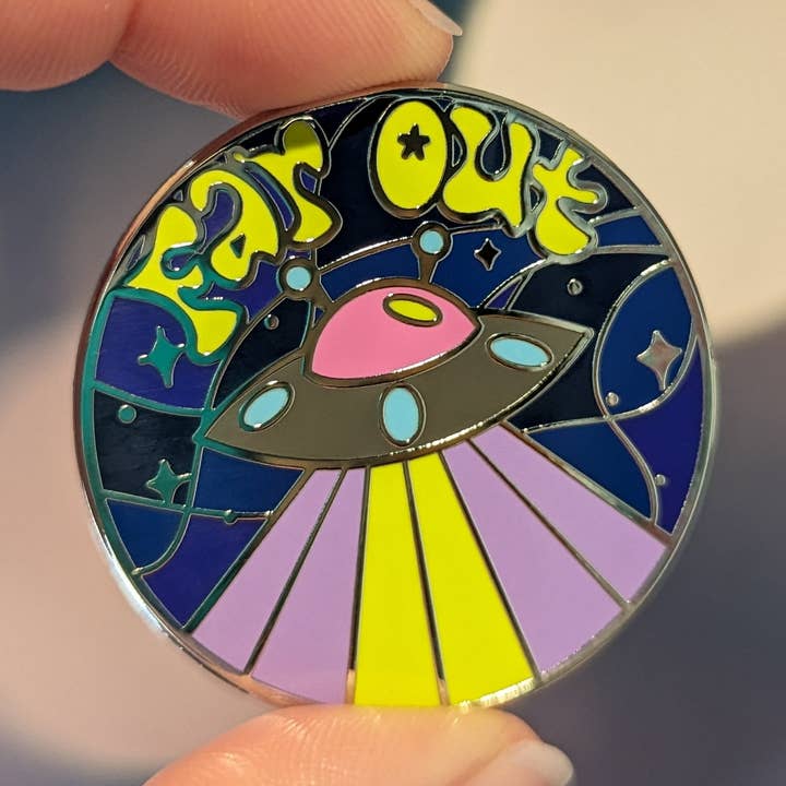 Far Out hard enamel pin (psychedelic version) for wholesale by Cunning Linguist Co.