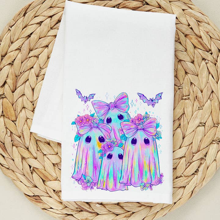 Iridescent Ghost Bow - Cute Neon Halloween Tea Towel for wholesale by House Of Rodan