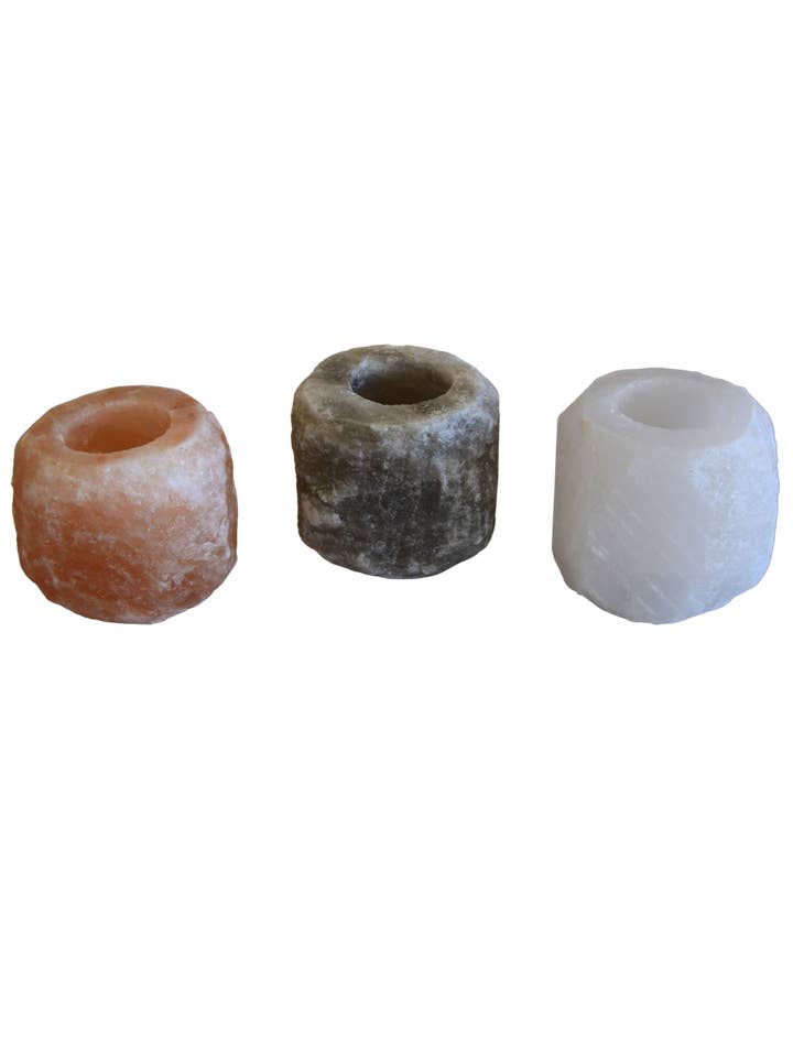 Trio of raw Himalayan salt candle holders for wholesale by Soorprendimi - IFP ideaforproject srl