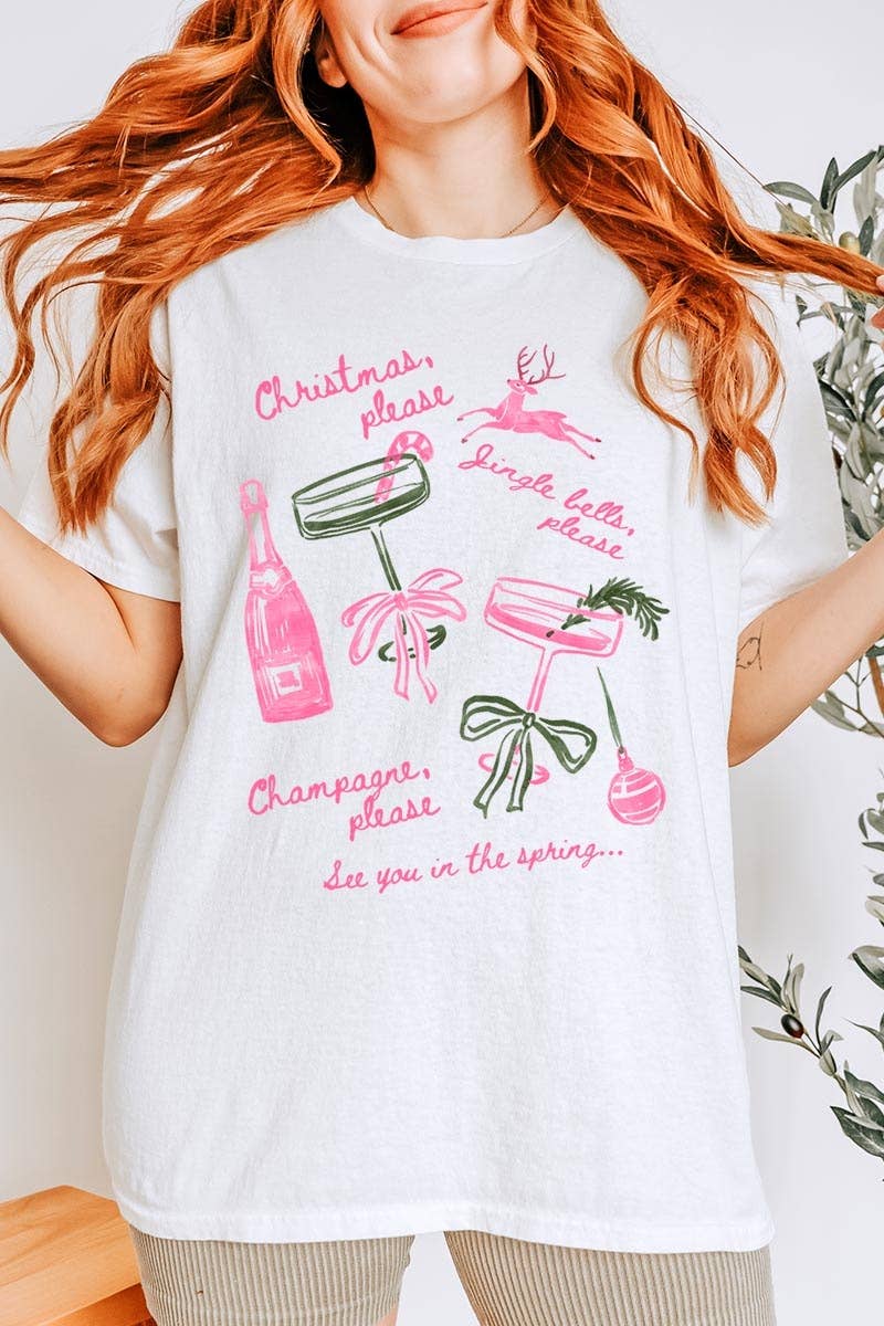 COLORBEAR – T-shirt gráfica - Mulher por atacado – T-shirt de Algodão Pesado com Gráfico de Champanhe de Natal0