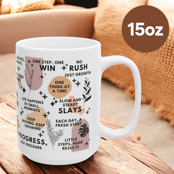 EMESLY - Wholesale Coffee Mug - One Day at a Time Motivational Ceramic Coffee Mug; 11oz/15oz5