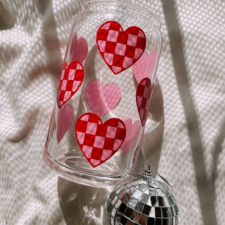 Checkered Hearts Glass Cup for wholesale by amarieacreates