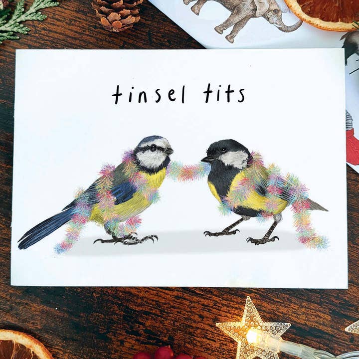 Tinsel Tits Christmas Card | Funny Wildlife Xmas Cards for wholesale by Beth Goodwin Designs