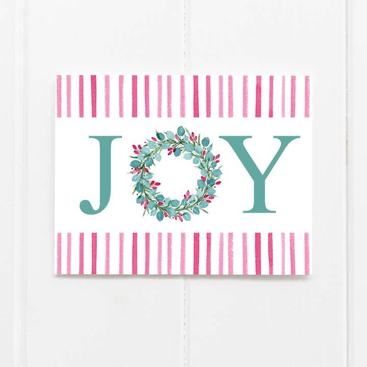 Joy Wreath Pink Holiday Greeting Card for wholesale by Elizabeth Denniston Design
