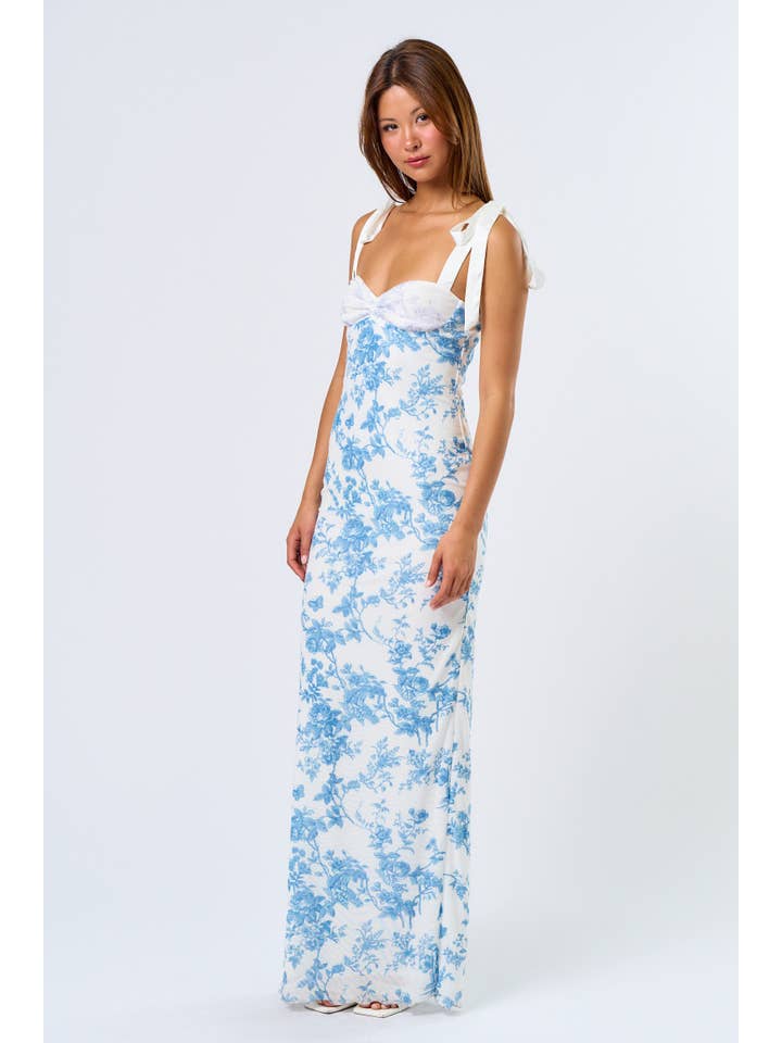 Blue IBD32879-1 Floral Printed Maxi Dress with Shoulder Tie for wholesale on Faire
