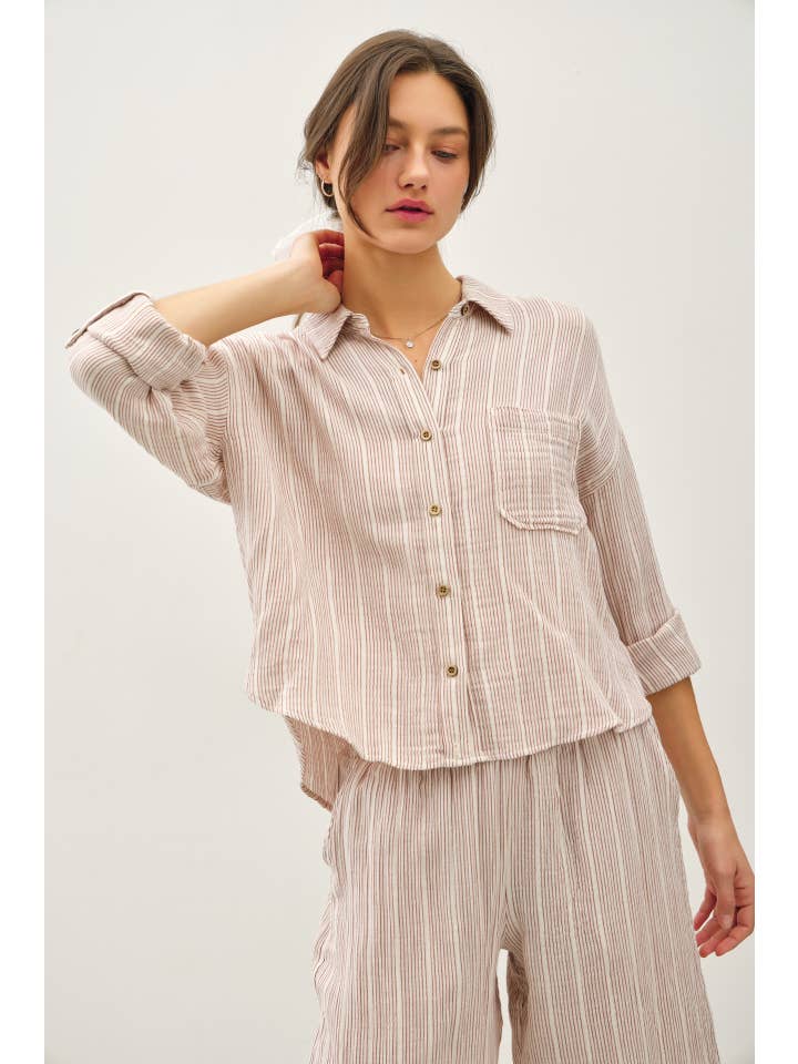 Be Cool - Wholesale Button Down Shirt - Women's - STRIPED, COTTON GAUZE BUTTON UP TOP