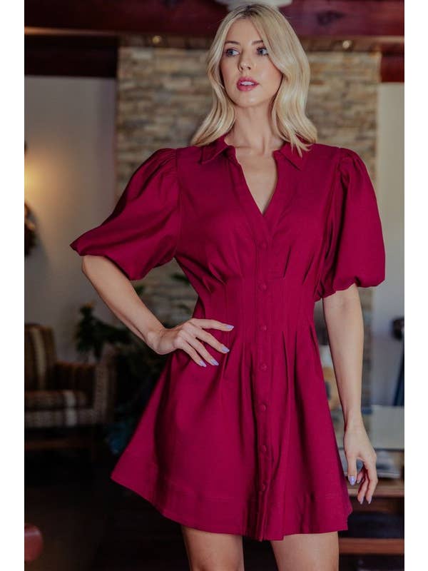 Glam - Wholesale Dress - Women's - Doing My Best Balloon Sleeve With Shirt Dress