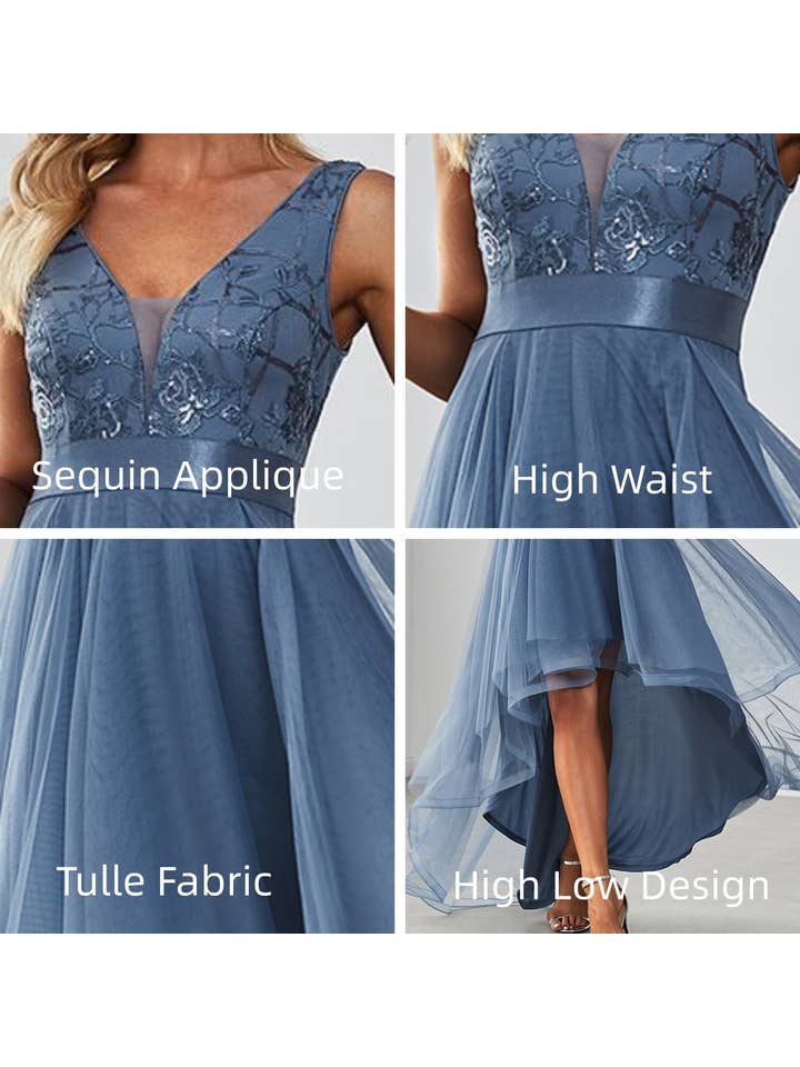 Ever-Pretty - Wholesale Gown - Women's - Sequin High-Low V Neck Tulle Dress