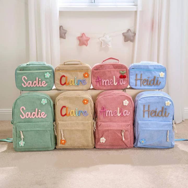 Personalized Corduroy Backpack Lunch Bag Custom Chenille Letter Bag with Charms for wholesale by Auraquise