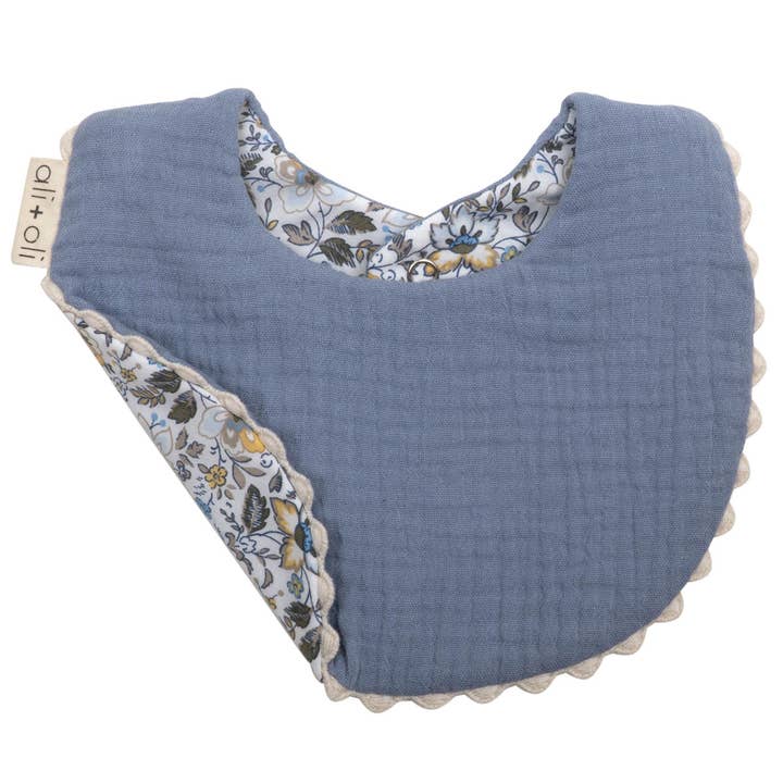 Muslin Cotton Reversable Baby Bib (Blue/Flowers) for wholesale by Ali+Oli
