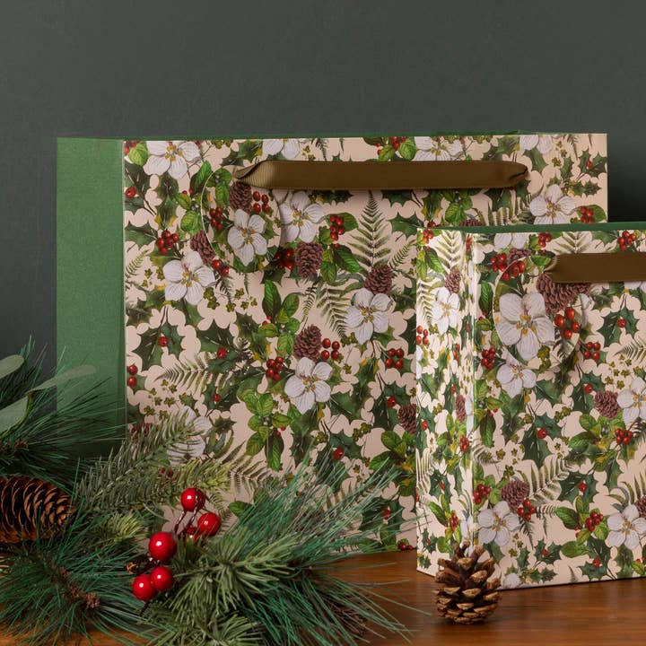 Christmas Gift Bag Large Shop Holly Berries Floral Green for wholesale by Penny Kennedy Ltd