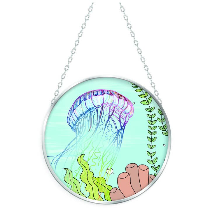 Bridgeton Hall - Wholesale Suncatcher - Jellyfish in Blues - 4.5" Medium Glass Circle Suncatcher