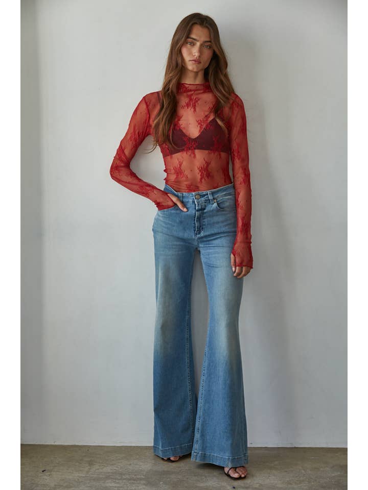 By Together - Wholesale Knit Top - Women's - L6687 | Knit Jacquard Lace Long Sleeve Mock Neck Top
