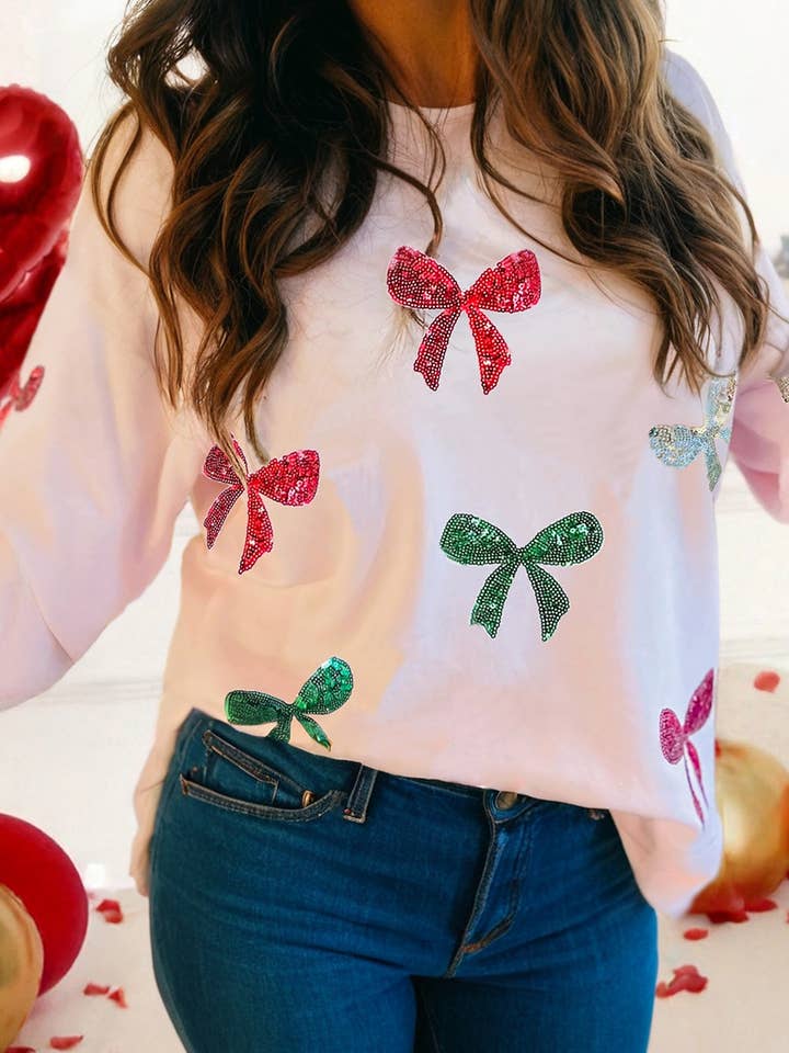 LDC Sequined Bow Valentine Round Neck Sweatshirt for wholesale by Little Daisy Closet