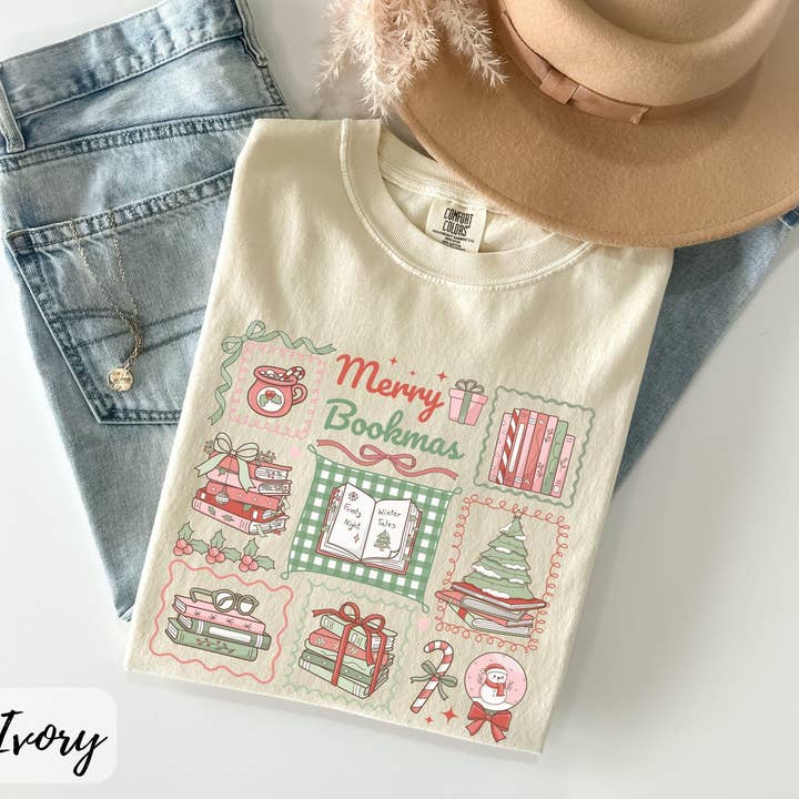 Glaime - Wholesale T-Shirt (Graphic) - Women's - Christmas Book Tee, Comfort Colors Bookish Christmas Sweater4