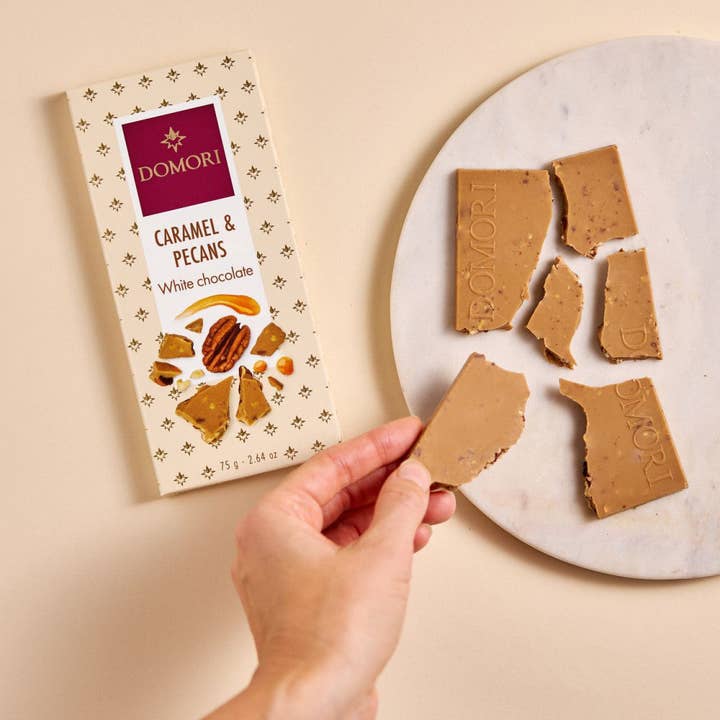 Domori White Chocolate w/ Caramel & Pecans for wholesale by Bar & Cocoa Chocolate