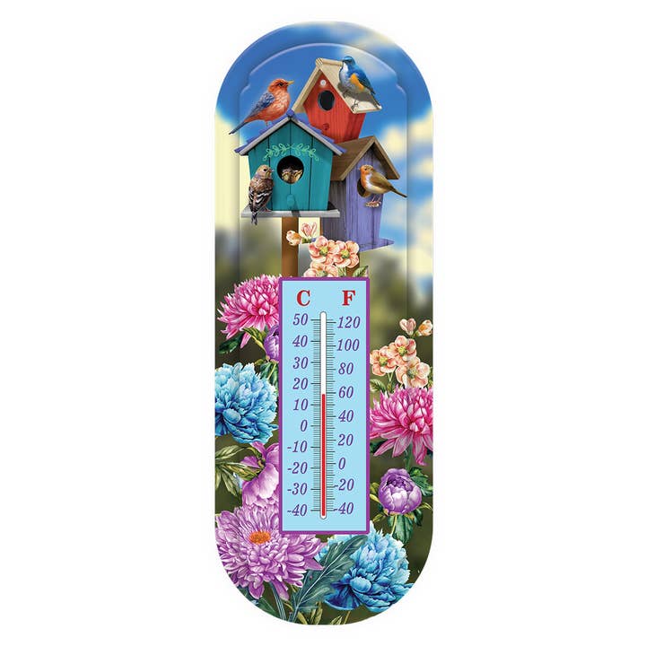 Colorful Birdhouses Metal Thermometer for wholesale by Briarwood Lane