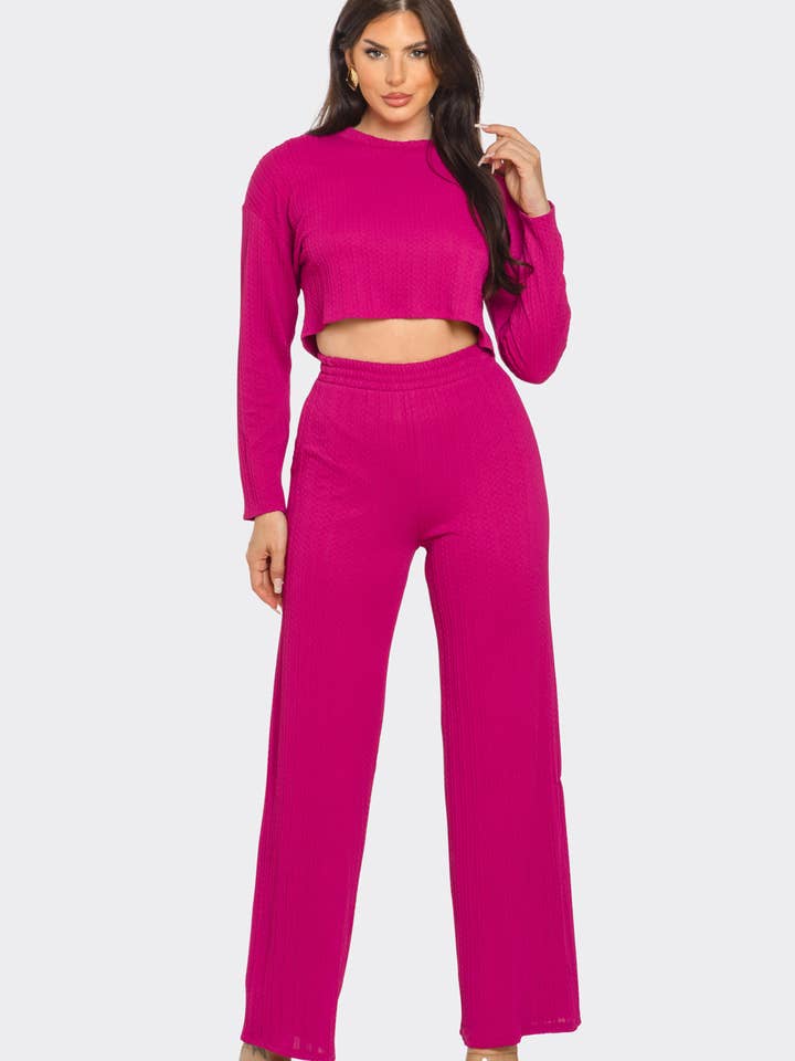 Julia by LoveJ - Wholesale Top & Pant Set (NOT Loungewear) - Women's - Braid Jacquard Round Neck Solid Top And Pants Set