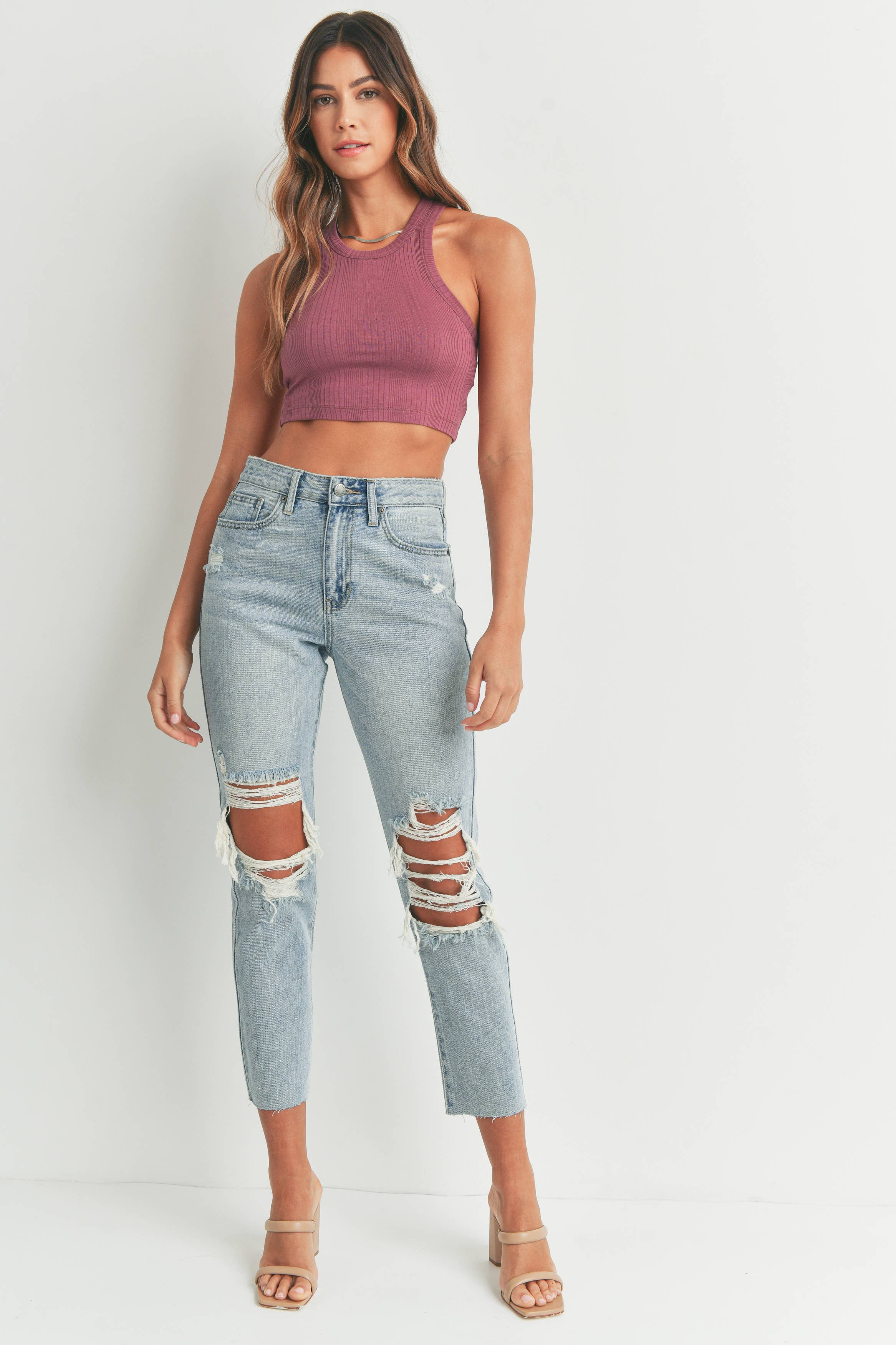 Just USA Jeans – calças de ganga - Mulher por atacado – JP129N - LT - Rise Alta Distressed Reto