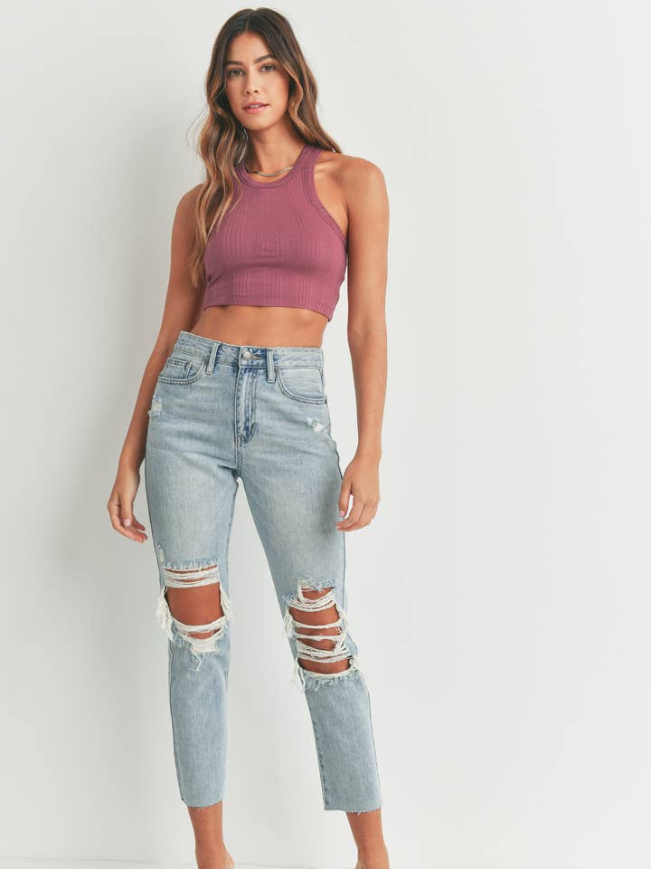 Just USA Jeans - Vente Jean – femme - JP129N - LT - Ligne droite vieillie de grande hauteur