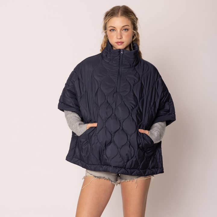 Fashion City - Wholesale Poncho - Women's - Stand Up Collar Quilted Cape Poncho Jacket 5
