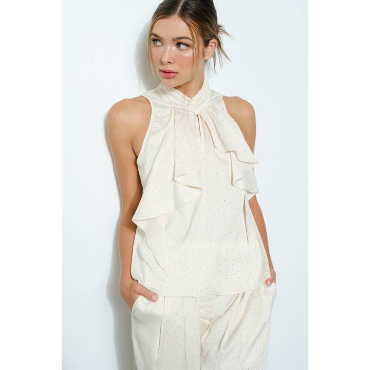 INA – Engroshandel Bluse - Dame – Rhinestone udsmykket top med flæsedetaljer foran8