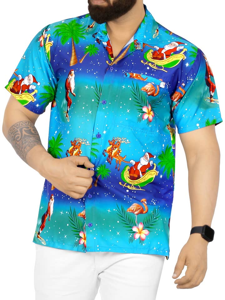 LA LEELA Men's Christmas Santa Shirt Blue P00052 for wholesale on Faire