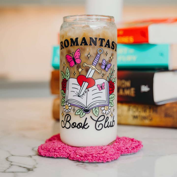 Romantasy Book Club 16oz Glass Can Cup With Lid and Straw for wholesale by Sip-Sip Hooray!
