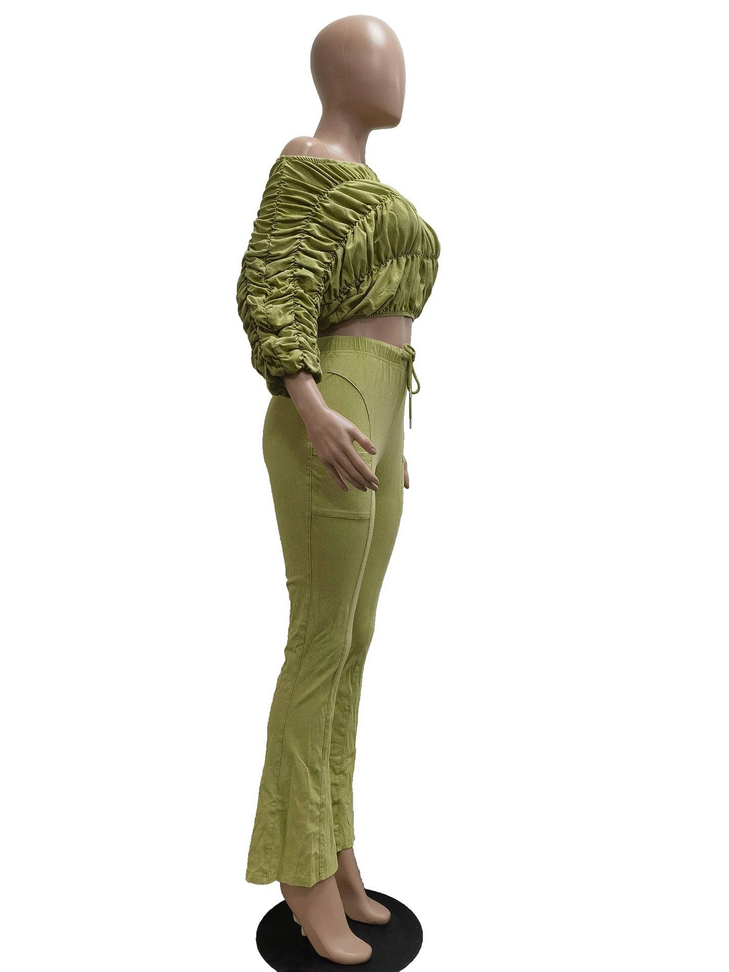 MB Fashion Wholesale - Wholesale Top & Pant Set (NOT Loungewear) - Women's - MB FASHION Ruched Off-Shoulder Top & High-Waist Flared Pants Set 953221