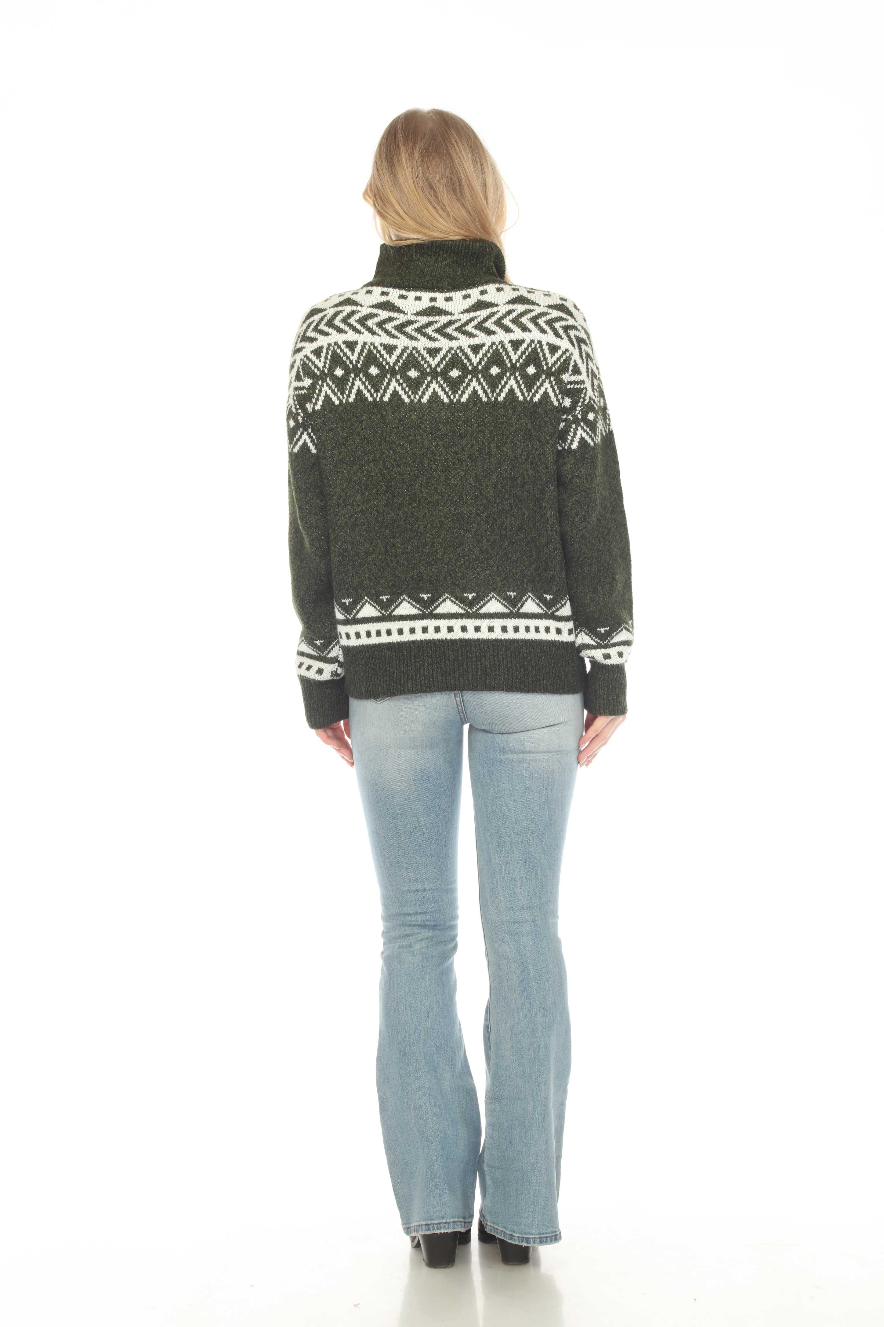 Kamana - Wholesale Knit Sweater - Women's - Women's Snowflake Atzec Army Green Zip Pullover Sweater Top1