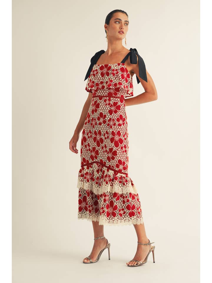 JUST ME - Wholesale Dress - Women's - Flower Embo Lace Ruffle Bottom Midi Dress4