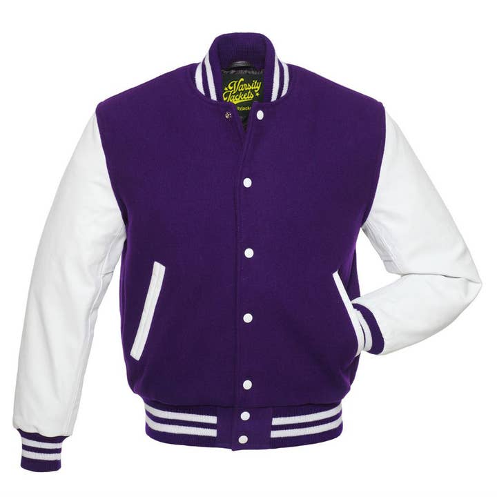 Purple Wool & White Leather Sleeves Classic Letterman Jacket for wholesale by Varsity Craft
